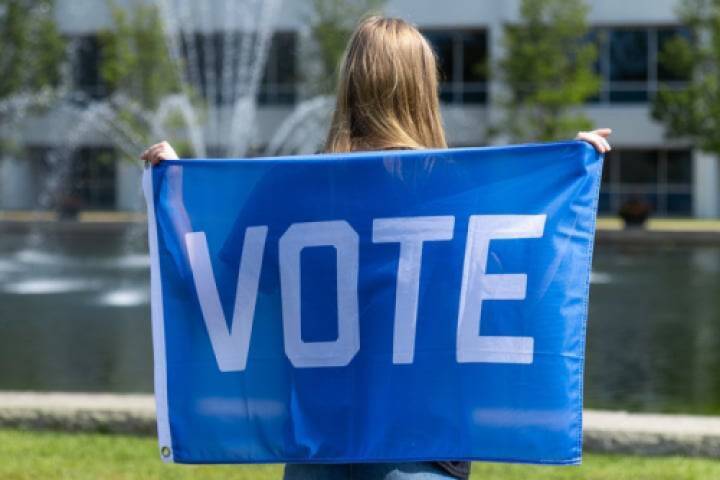 Person with back to camera holding up "vote" flag